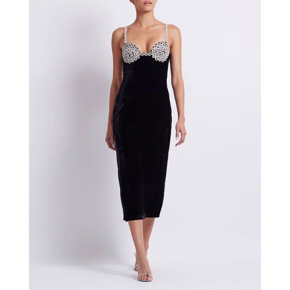 PATBO CRYSTAL CHAIN VELVET MIDI DRESS - Picture 1 of 12